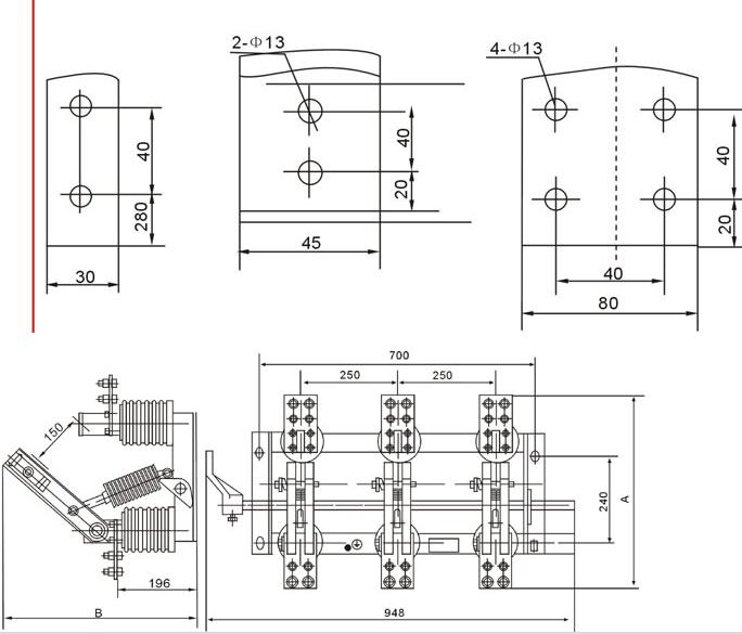 GN19-10戶內(nèi)高壓隔離開關(guān)的外形尺寸